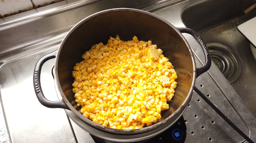 手作りコーンスープ コーンポタージュ の作り方 トウモロコシレシピ バーミキュラライスポット ばあちゃんの料理教室
